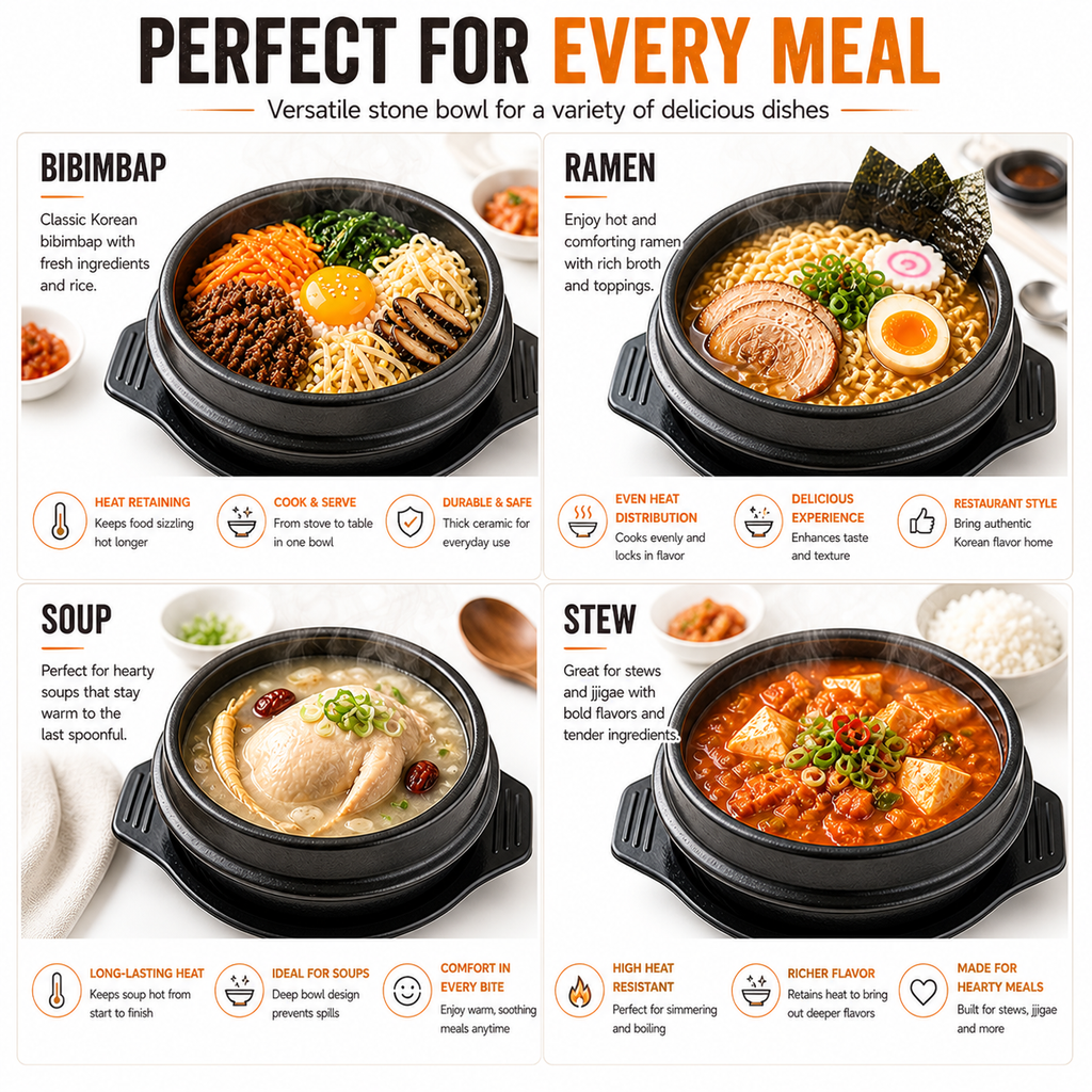 XICHENGSHIDAI Korean Stone Bowl with Tray, Dolsot Bibimbap Bowl, Earthenware Ceramic Hot Pot for Soup, Stew, Rice, Ramen and Ttukbaegi, Oven & Stovetop Safe, Black - 27oz / 37oz / 57oz
