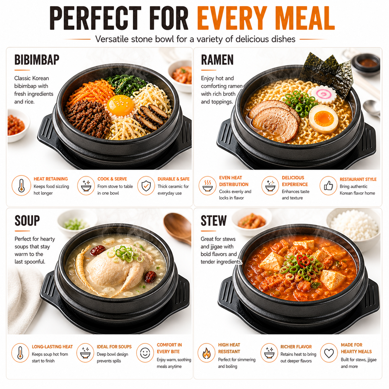 XICHENGSHIDAI Korean Stone Bowl with Tray, Dolsot Bibimbap Bowl, Earthenware Ceramic Hot Pot for Soup, Stew, Rice, Ramen and Ttukbaegi, Oven & Stovetop Safe, Black - 27oz / 37oz / 57oz