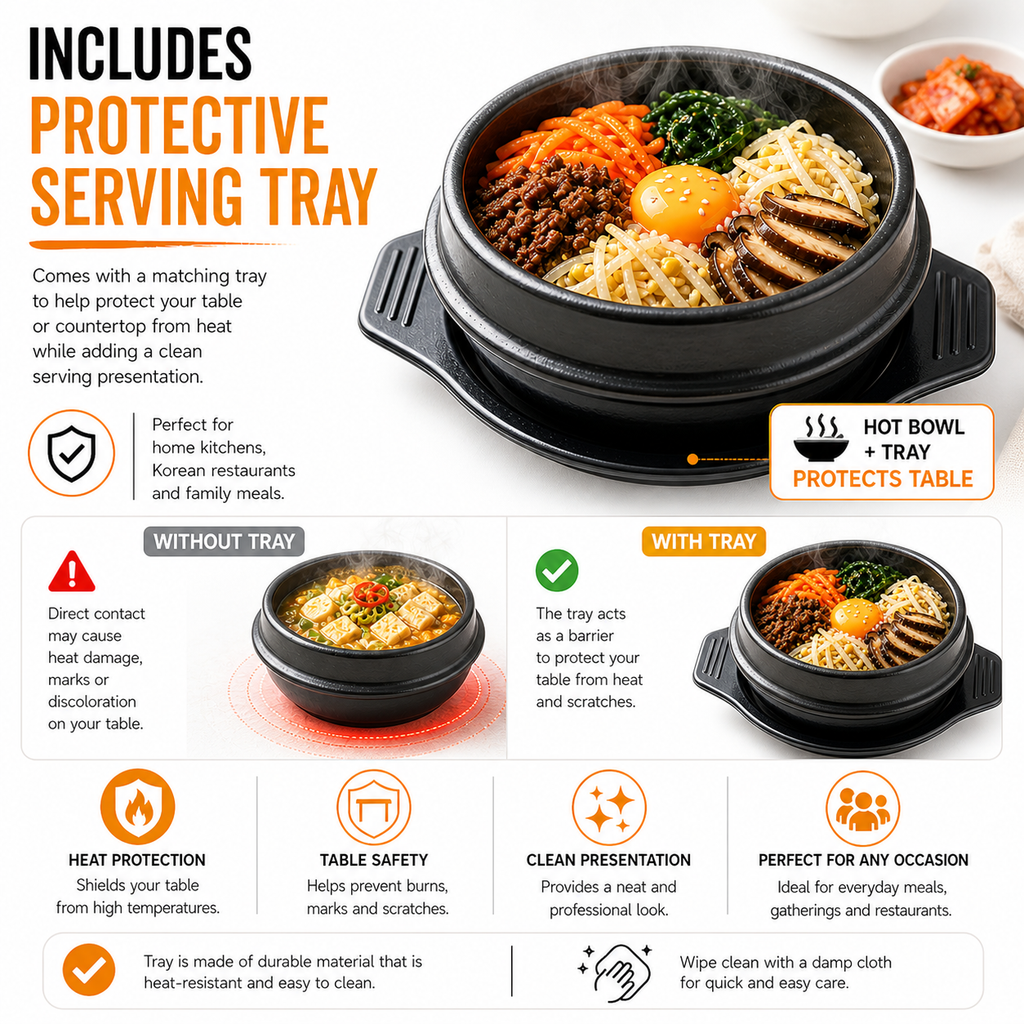 XICHENGSHIDAI Korean Stone Bowl with Tray, Dolsot Bibimbap Bowl, Earthenware Ceramic Hot Pot for Soup, Stew, Rice, Ramen and Ttukbaegi, Oven & Stovetop Safe, Black - 27oz / 37oz / 57oz