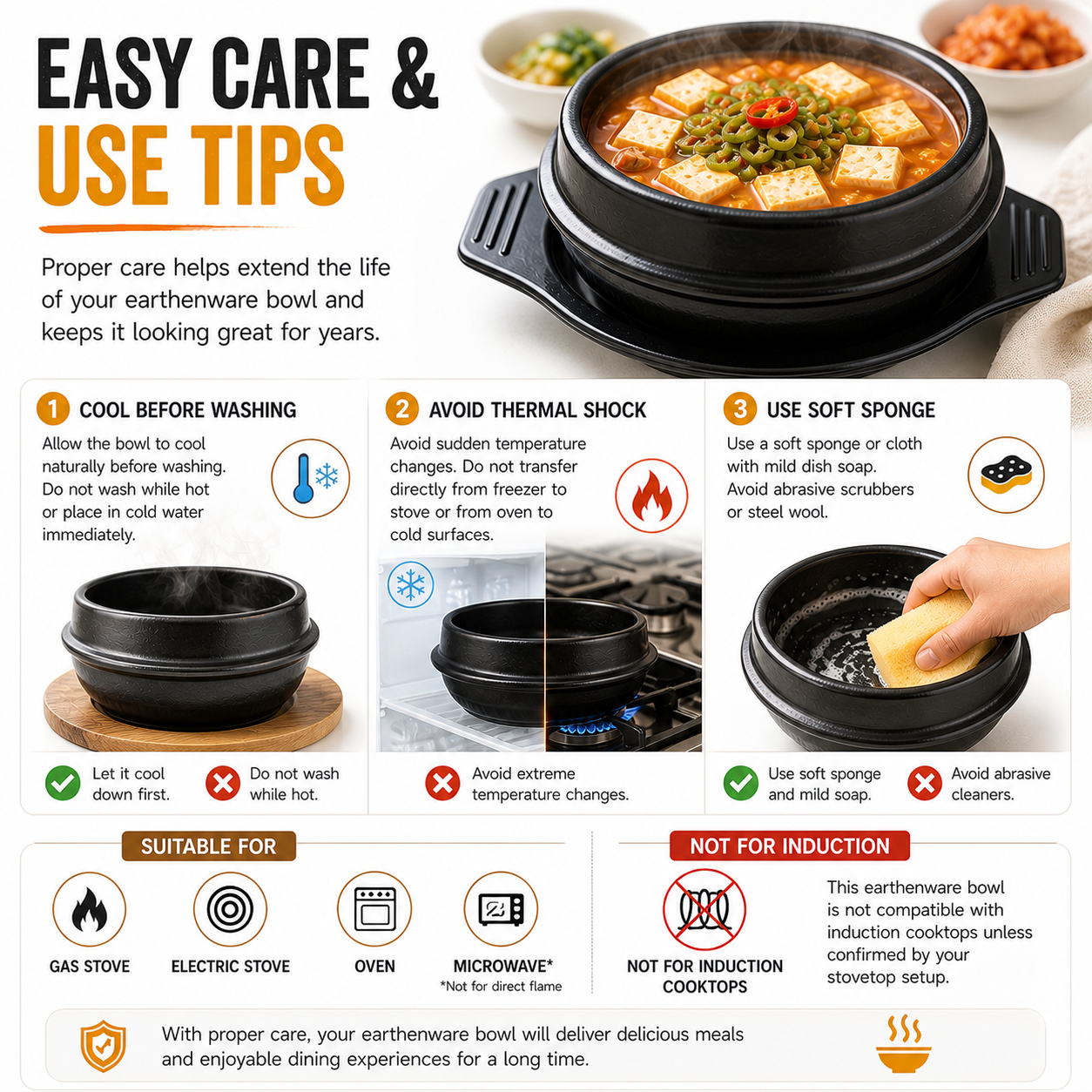 XICHENGSHIDAI Korean Stone Bowl with Tray, Dolsot Bibimbap Bowl, Earthenware Ceramic Hot Pot for Soup, Stew, Rice, Ramen and Ttukbaegi, Oven & Stovetop Safe, Black - 27oz / 37oz / 57oz