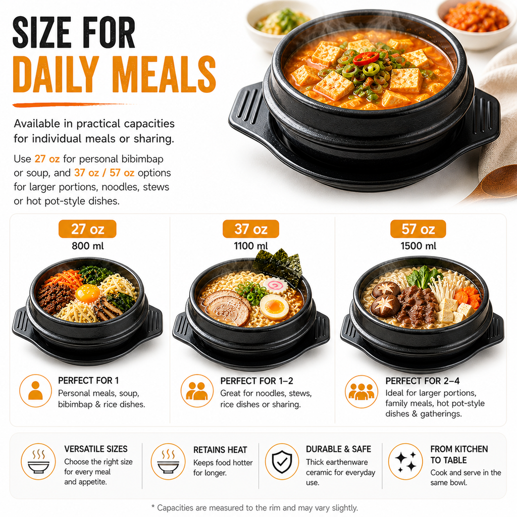 XICHENGSHIDAI Korean Stone Bowl with Tray, Dolsot Bibimbap Bowl, Earthenware Ceramic Hot Pot for Soup, Stew, Rice, Ramen and Ttukbaegi, Oven & Stovetop Safe, Black - 27oz / 37oz / 57oz