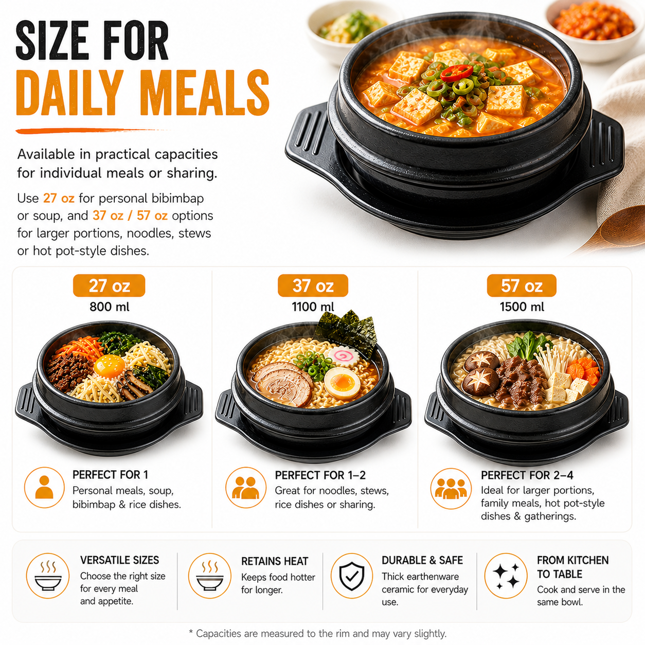 XICHENGSHIDAI Korean Stone Bowl with Tray, Dolsot Bibimbap Bowl, Earthenware Ceramic Hot Pot for Soup, Stew, Rice, Ramen and Ttukbaegi, Oven & Stovetop Safe, Black - 27oz / 37oz / 57oz