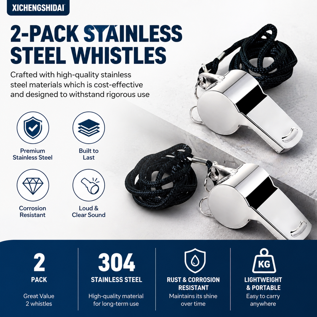 XICHENGHISDAI Whistles, 2-Pack Stainless Steel Whistles with Lanyard, Loud Crisp Sound Whistle for Coaches, Training, Referees, Emergencies, Officials and Outdoor Activities