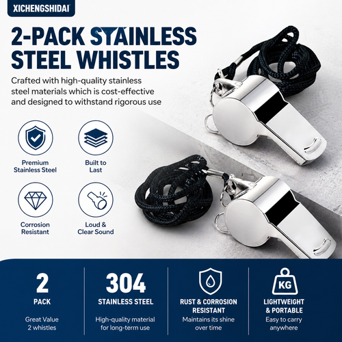 XICHENGHISDAI Whistles, 2-Pack Stainless Steel Whistles with Lanyard, Loud Crisp Sound Whistle for Coaches, Training, Referees, Emergencies, Officials and Outdoor Activities