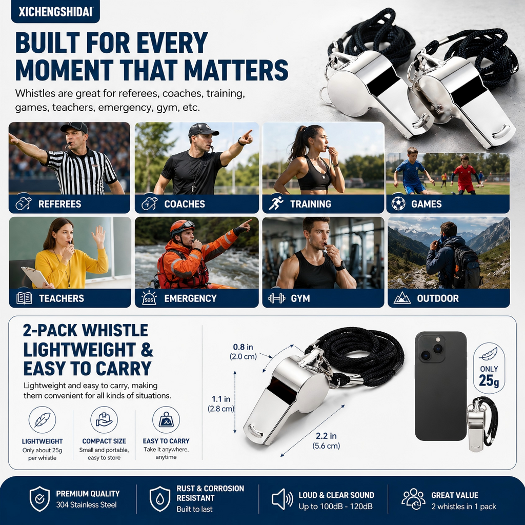 XICHENGHISDAI Whistles, 2-Pack Stainless Steel Whistles with Lanyard, Loud Crisp Sound Whistle for Coaches, Training, Referees, Emergencies, Officials and Outdoor Activities