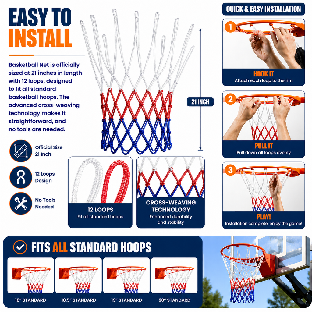 XICHENGSHIDAI 2 Pack Basketball Nets, All-Weather Heavy Duty Basketball Net Replacement for Standard 12-Loop Hoops, Durable Outdoor & Indoor Basketball Hoop Net