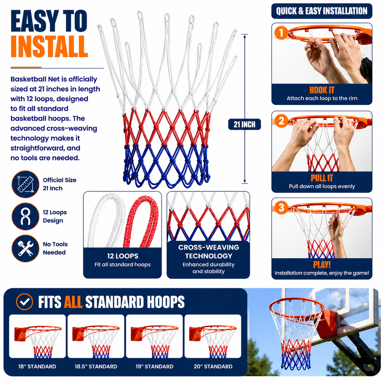 XICHENGSHIDAI 2 Pack Basketball Nets, All-Weather Heavy Duty Basketball Net Replacement for Standard 12-Loop Hoops, Durable Outdoor & Indoor Basketball Hoop Net