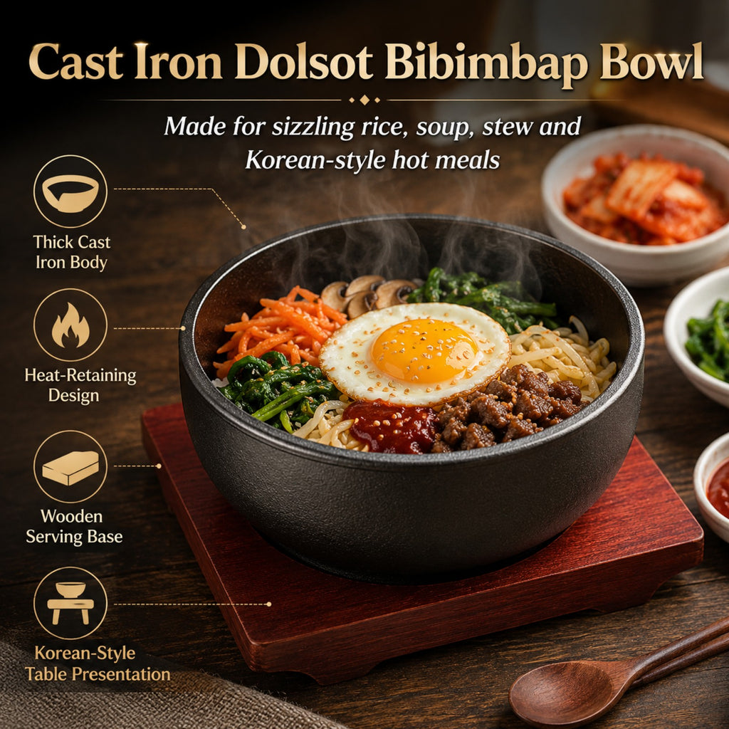 XICHENGSHIDAI Cast Iron Dolsot Bibimbap Bowl with Wooden Base, Korean Sizzling Rice Bowl, Small Heat-Retaining Hot Pot Bowl for Soup, Rice, Stew and Bibimbap