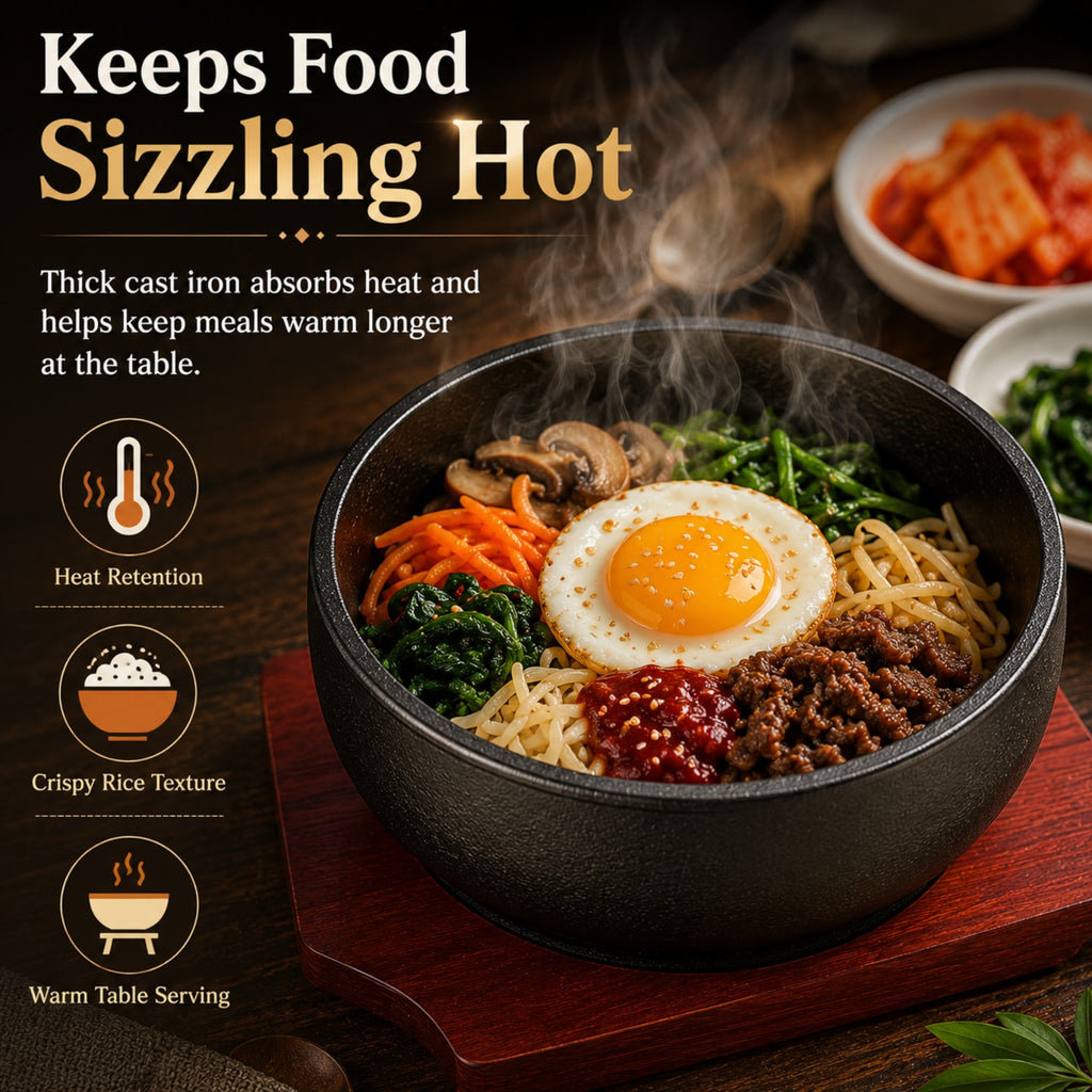 XICHENGSHIDAI Cast Iron Dolsot Bibimbap Bowl with Wooden Base, Korean Sizzling Rice Bowl, Small Heat-Retaining Hot Pot Bowl for Soup, Rice, Stew and Bibimbap