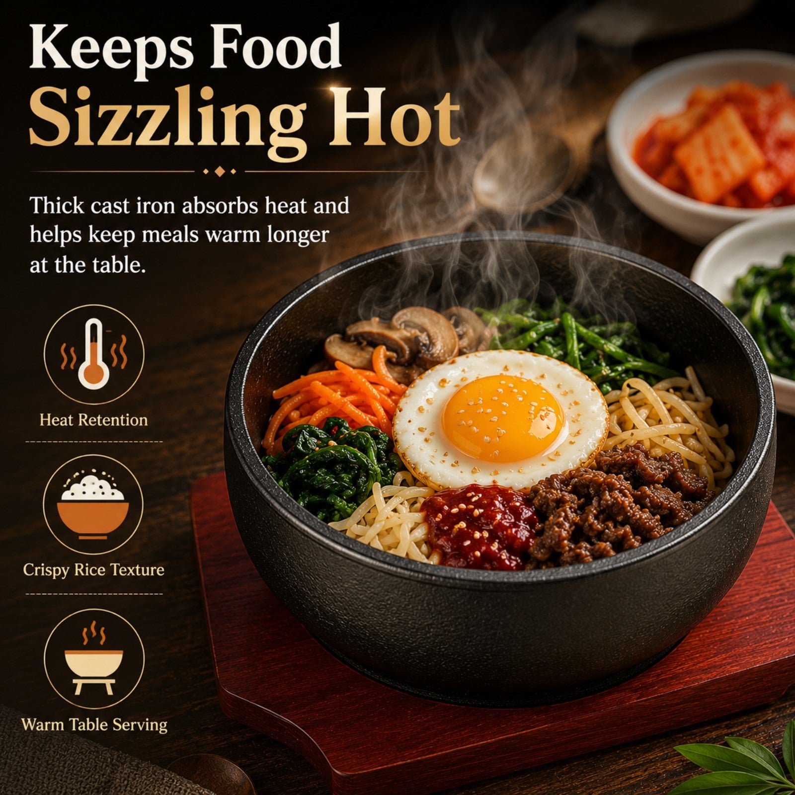 XICHENGSHIDAI Cast Iron Dolsot Bibimbap Bowl with Wooden Base, Korean Sizzling Rice Bowl, Small Heat-Retaining Hot Pot Bowl for Soup, Rice, Stew and Bibimbap