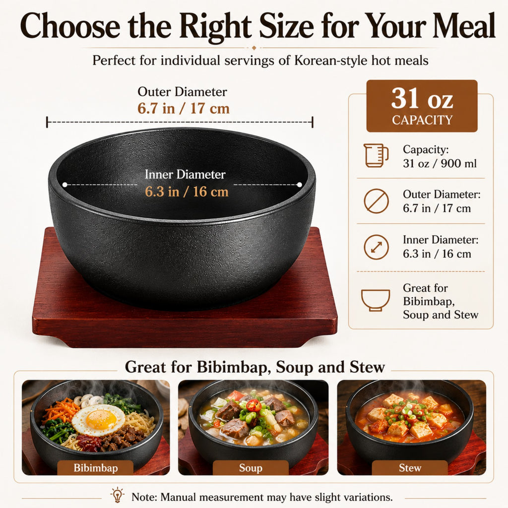 XICHENGSHIDAI Cast Iron Dolsot Bibimbap Bowl with Wooden Base, Korean Sizzling Rice Bowl, Small Heat-Retaining Hot Pot Bowl for Soup, Rice, Stew and Bibimbap
