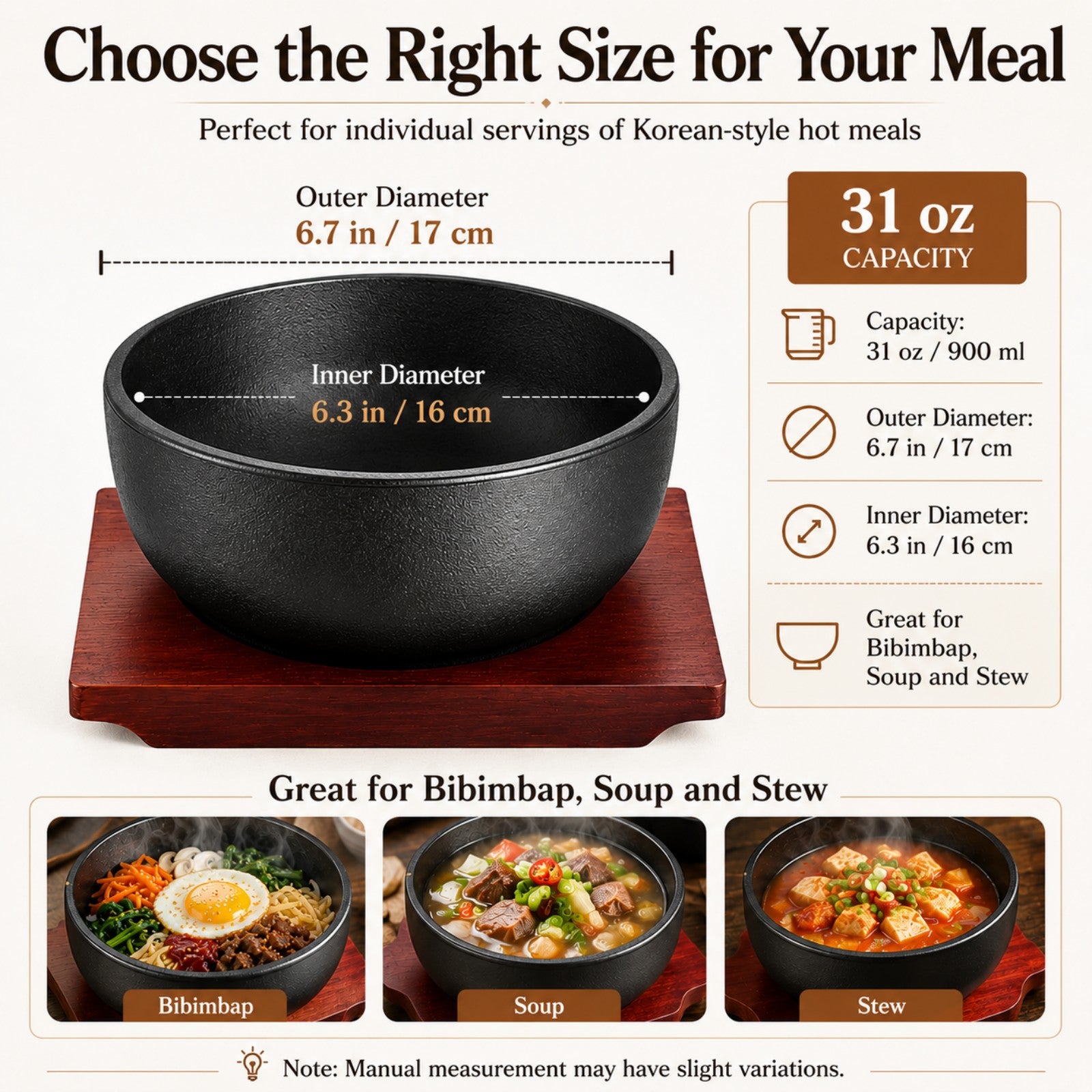 XICHENGSHIDAI Cast Iron Dolsot Bibimbap Bowl with Wooden Base, Korean Sizzling Rice Bowl, Small Heat-Retaining Hot Pot Bowl for Soup, Rice, Stew and Bibimbap