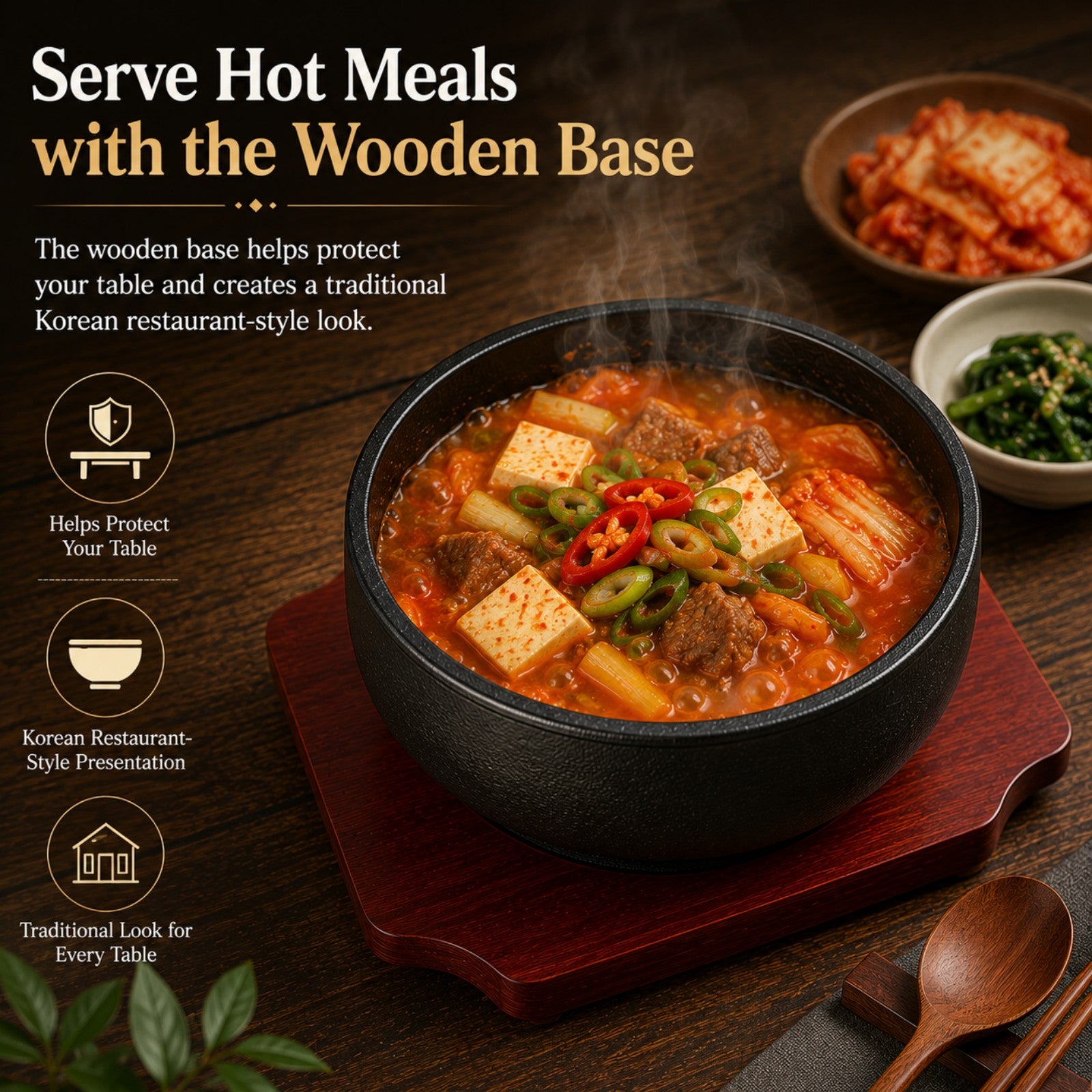 XICHENGSHIDAI Cast Iron Dolsot Bibimbap Bowl with Wooden Base, Korean Sizzling Rice Bowl, Small Heat-Retaining Hot Pot Bowl for Soup, Rice, Stew and Bibimbap