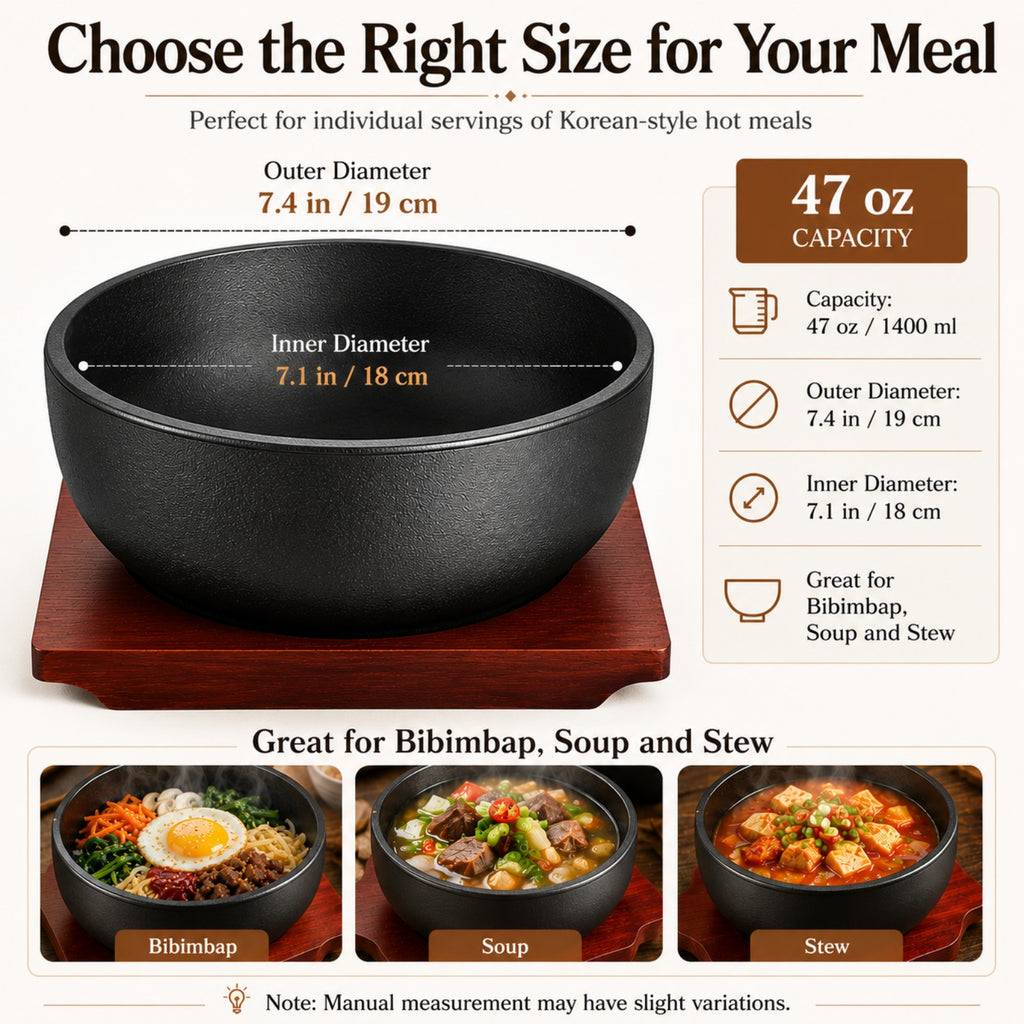 XICHENGSHIDAI Cast Iron Dolsot Bibimbap Bowl with Wooden Base, Korean Sizzling Rice Bowl, Small Heat-Retaining Hot Pot Bowl for Soup, Rice, Stew and Bibimbap