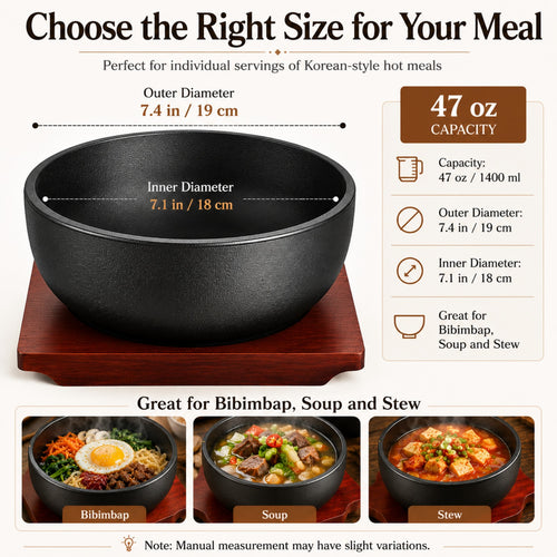 XICHENGSHIDAI Cast Iron Dolsot Bibimbap Bowl with Wooden Base, Korean Sizzling Rice Bowl, Small Heat-Retaining Hot Pot Bowl for Soup, Rice, Stew and Bibimbap