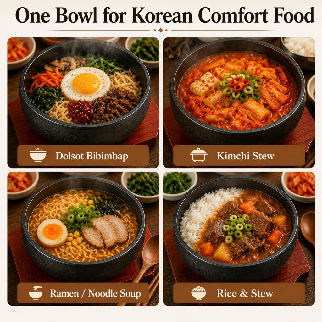 XICHENGSHIDAI Cast Iron Dolsot Bibimbap Bowl with Wooden Base, Korean Sizzling Rice Bowl, Small Heat-Retaining Hot Pot Bowl for Soup, Rice, Stew and Bibimbap