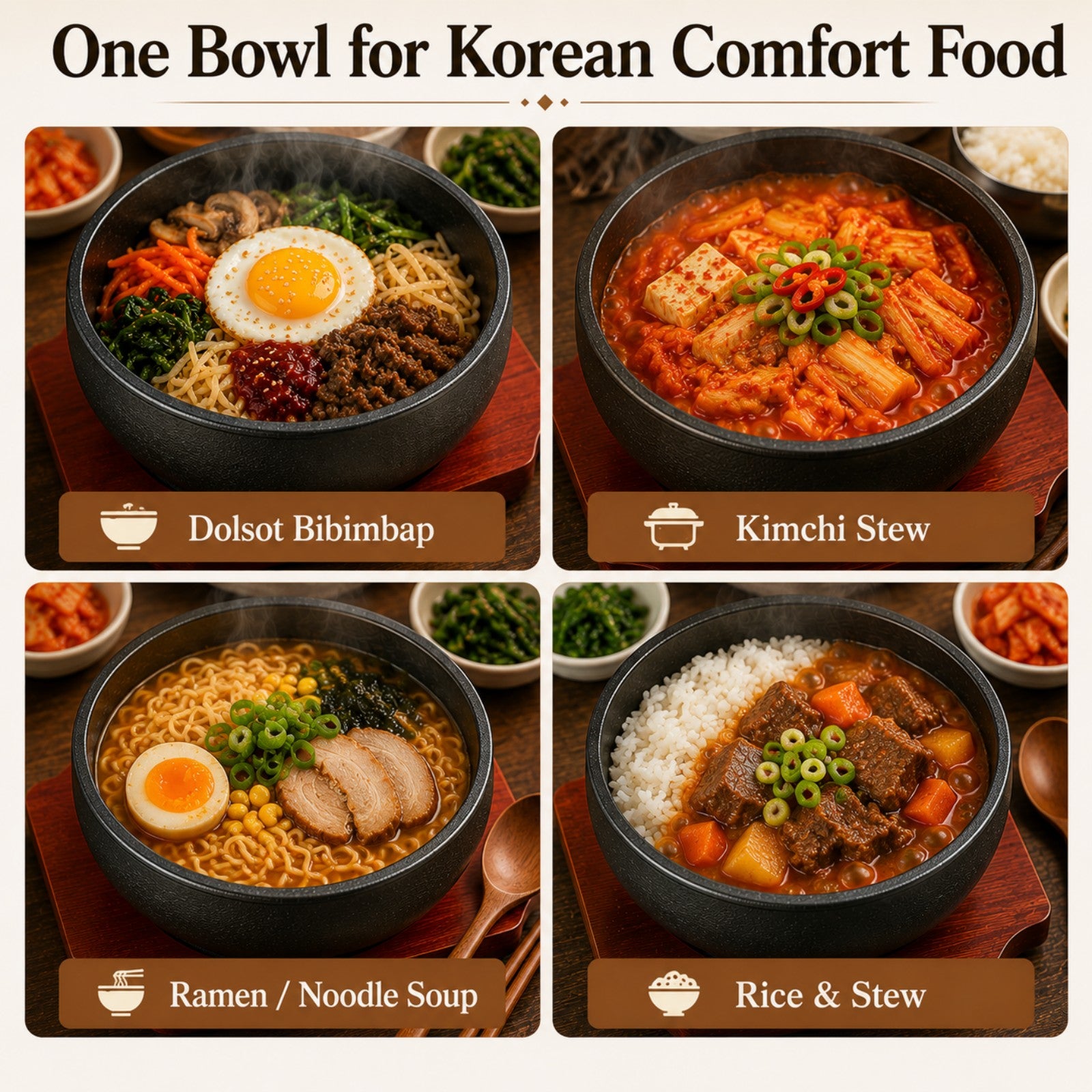 XICHENGSHIDAI Cast Iron Dolsot Bibimbap Bowl with Wooden Base, Korean Sizzling Rice Bowl, Small Heat-Retaining Hot Pot Bowl for Soup, Rice, Stew and Bibimbap