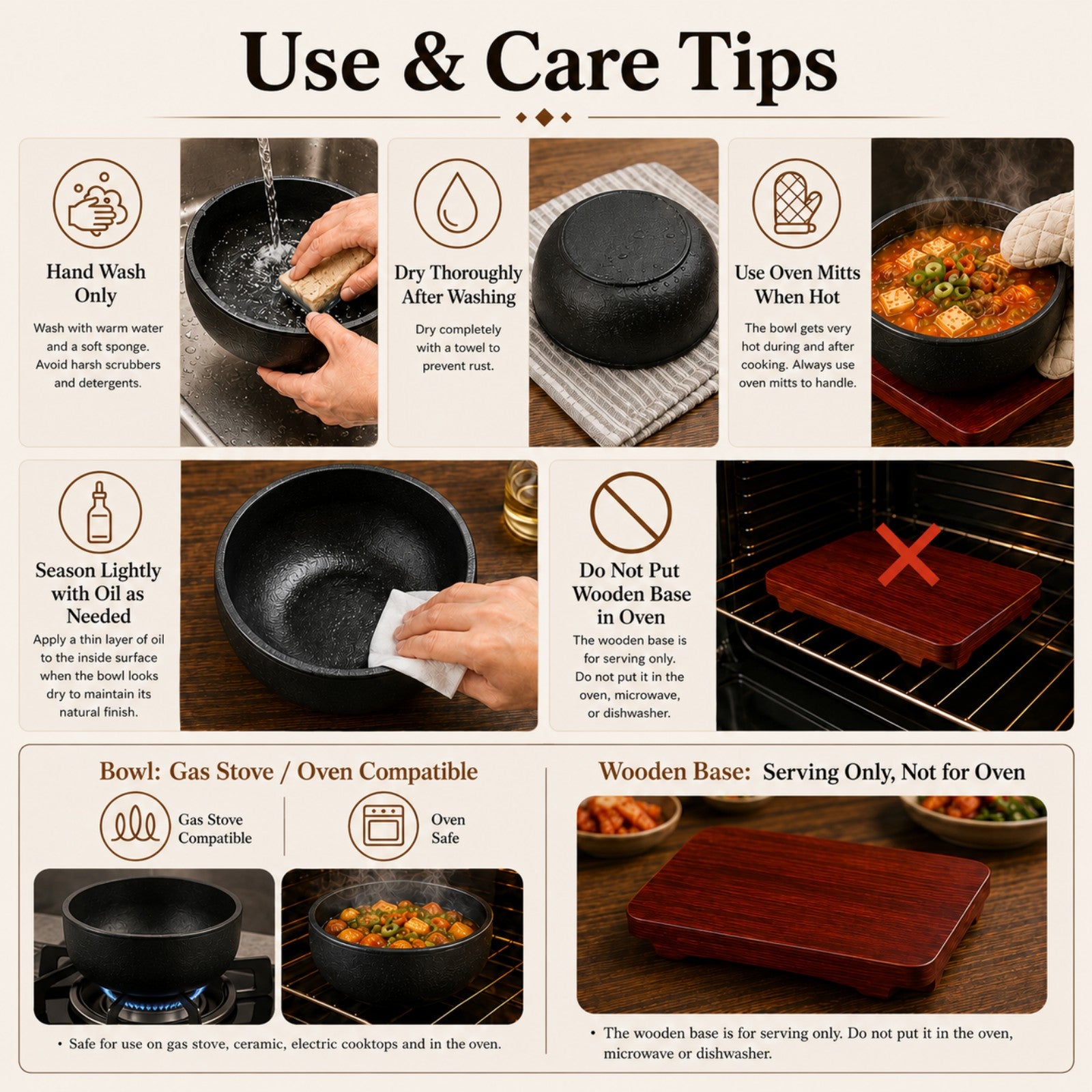 XICHENGSHIDAI Cast Iron Dolsot Bibimbap Bowl with Wooden Base, Korean Sizzling Rice Bowl, Small Heat-Retaining Hot Pot Bowl for Soup, Rice, Stew and Bibimbap